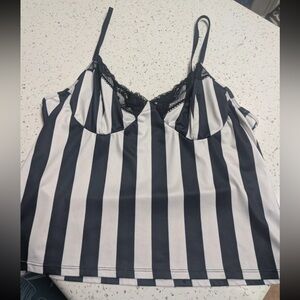 Black and White Striped Camisole with Lace Trim XL top cropped sexy goth punk